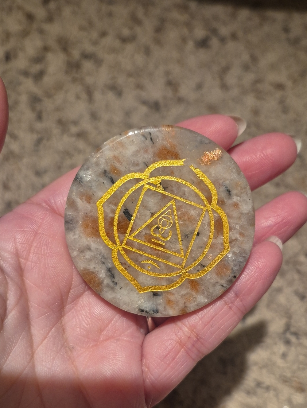 Round Sunstone Phone Holder with Gold Mandala Symbol